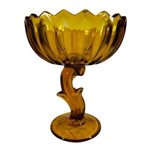 Vintage Indiana Glass Amber Lotus Blossom Pedestal Compote Bowl 7.5